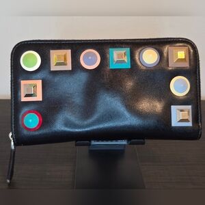 Fendi Studded Long Zip Wallet Black Leather Multicolor Studs